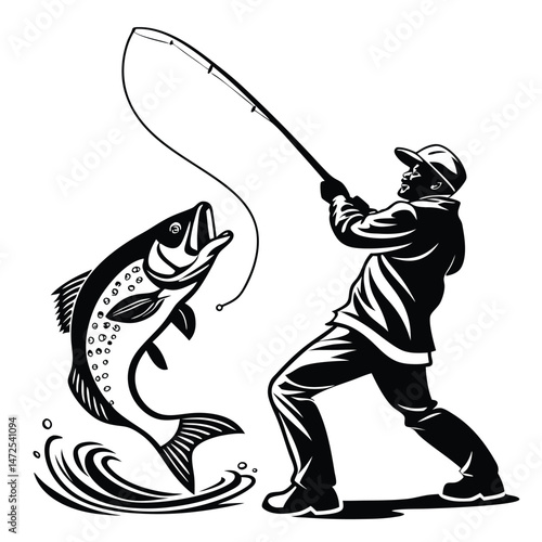 Fisherman catching big fish black and white vector illustration silhouette design