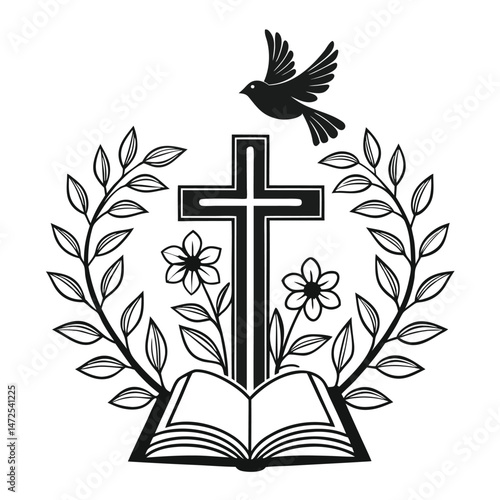 Christian symbol cross book flowers dove wreath monochrome illustration.