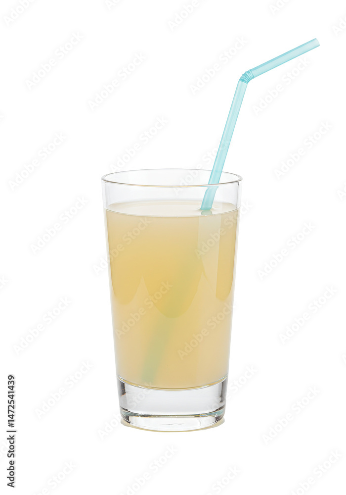 A clear glass holds refreshing beverage with a blue straw against black backdrop A clear glass holds refreshing beverage with a blue straw against black backdrop