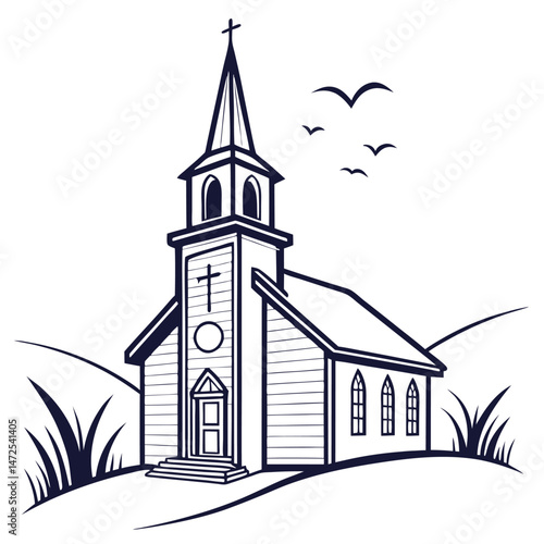 Simple country church with birds vector graphic illustration.