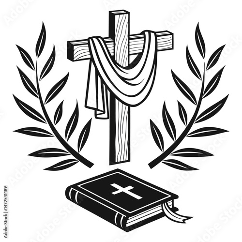 Christian symbolism with cross bible and olive branch illustration in black and white.