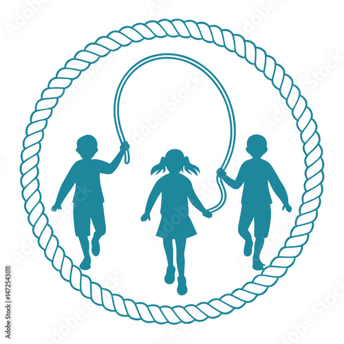 Kids playing with skipping rope in a circular frame design.
