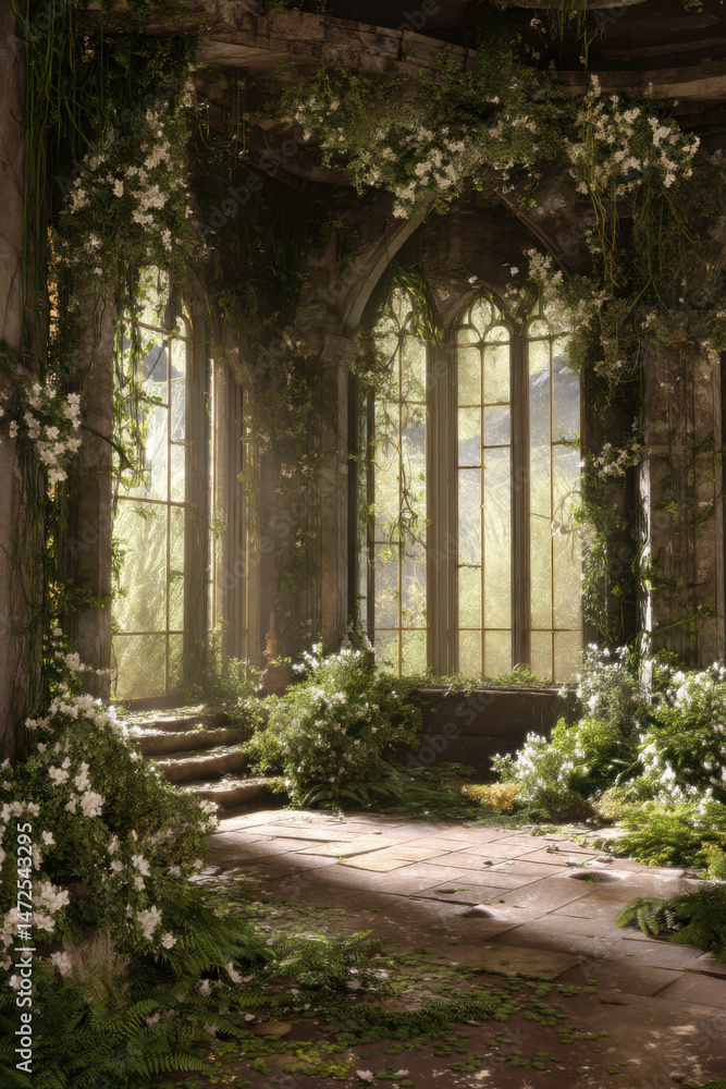 Fototapeta premium Inside view of abandoned palace. Ceiling, walls and floor covered with lush vegetation.