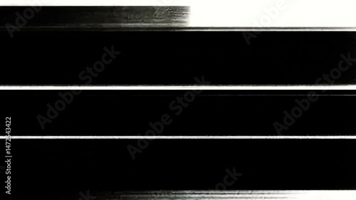 Abstract composition of thick, horizontal black bands with diverse textures—smears, grain, and static—on a white field