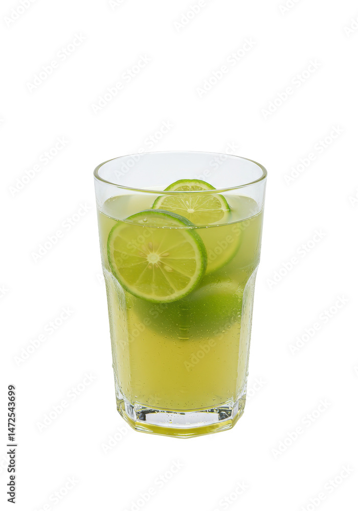 Refreshing glass of lime beverage, with floating lime slices, a cool citrus drink Refreshing glass of lime beverage, with floating lime slices, a cool citrus drink