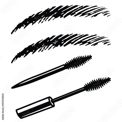 Mascara brush applicators and eyebrow stroke samples beauty product illustration isolated.