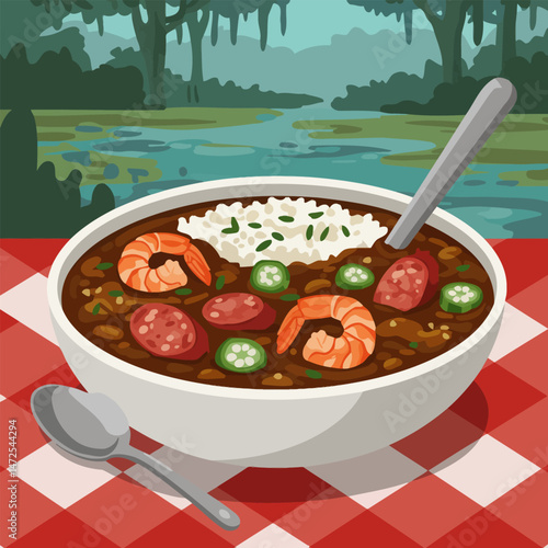 Serving of Seafood Gumbo with Okra and Sausage Outdoors