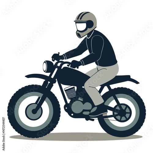 Vintage motorcycle rider in helmet illustration minimalist design on white background.