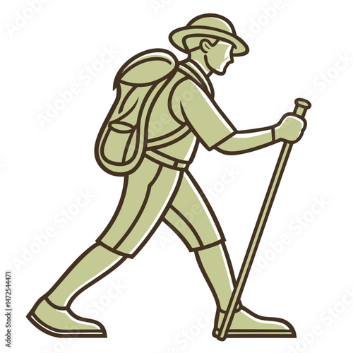 Vector illustration of a hiker with backpack walking and using trekking pole.