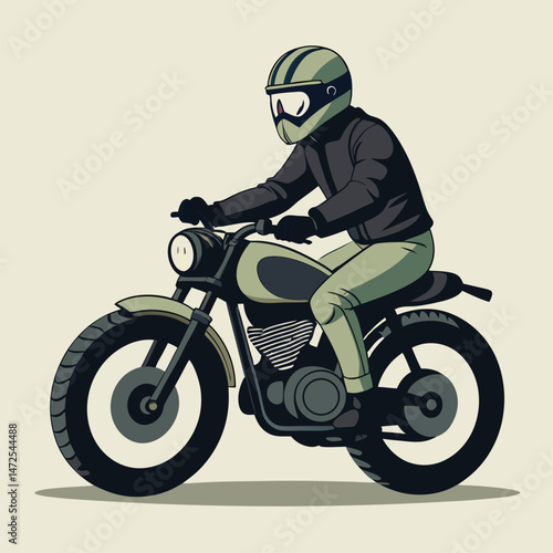 Minimalist style illustration of motorcyclist riding a classic motorcycle on a cream background.