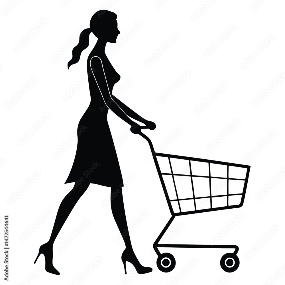 Woman shopping silhouette female with cart consumer purchase market retail. Woman shopping silhouette female with cart consumer purchase market retail.