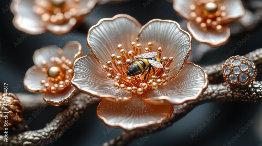 Fototapeta premium Bee on ornate gold & white flower brooch, dark background