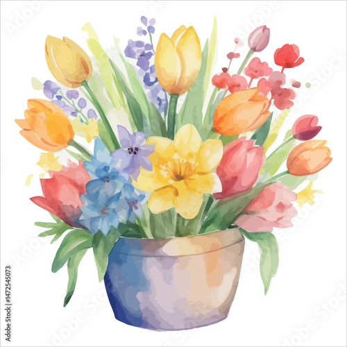 Colorful bouquet of tulips in a vase with pink, yellow, and red blooms