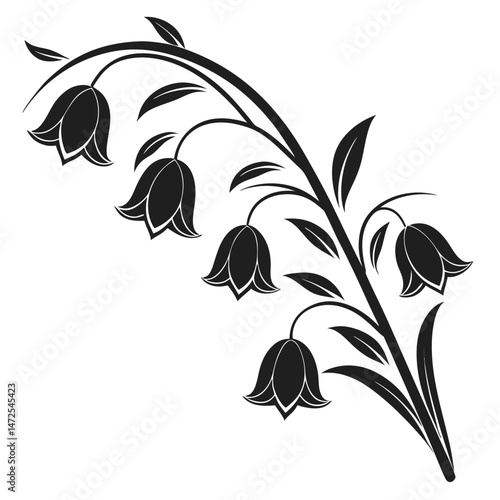 Elegant floral design featuring campanula flowers black and white silhouette illustration.