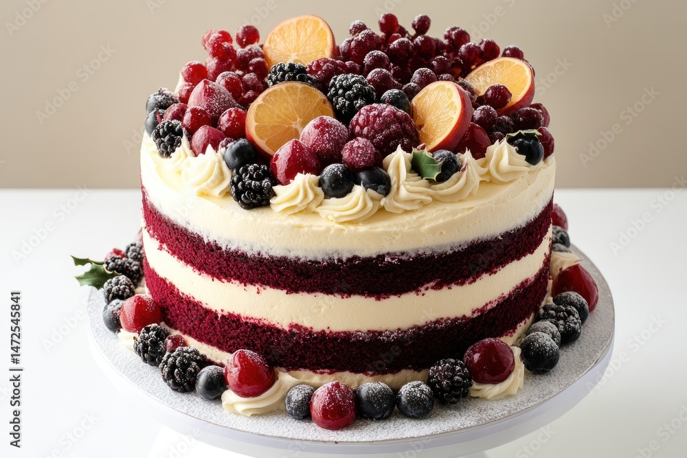 Decadent layered cake adorned with fresh berries and citrus Decadent layered cake adorned with fresh berries and citrus