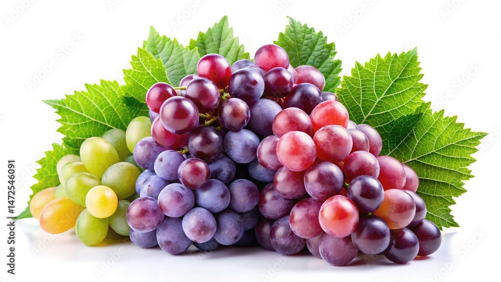 Fototapeta premium Freshly picked variety of grapes displayed with lush green leaves on a white background