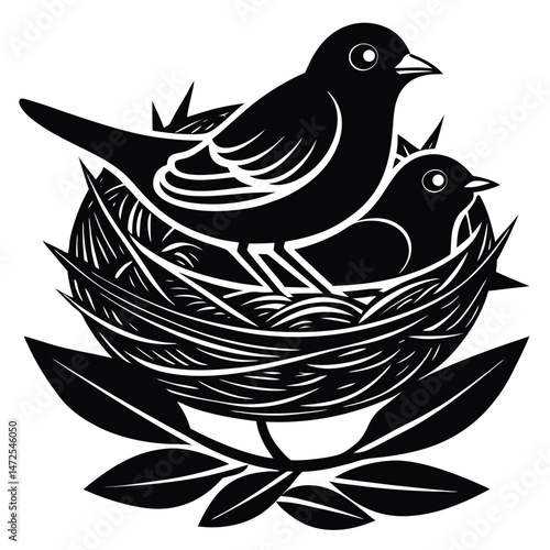 Silhouette illustration of two birds in a nest resting on leaves.