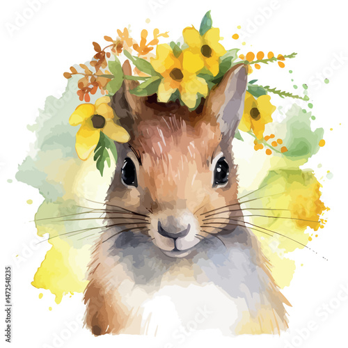 Fluffy white domestic cat with a cute flower, a funny close-up portrait of a small furry mammal