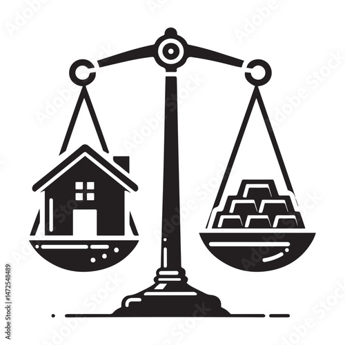 Balance scale with home and gold bars in black silhouette financial investment vector illustration