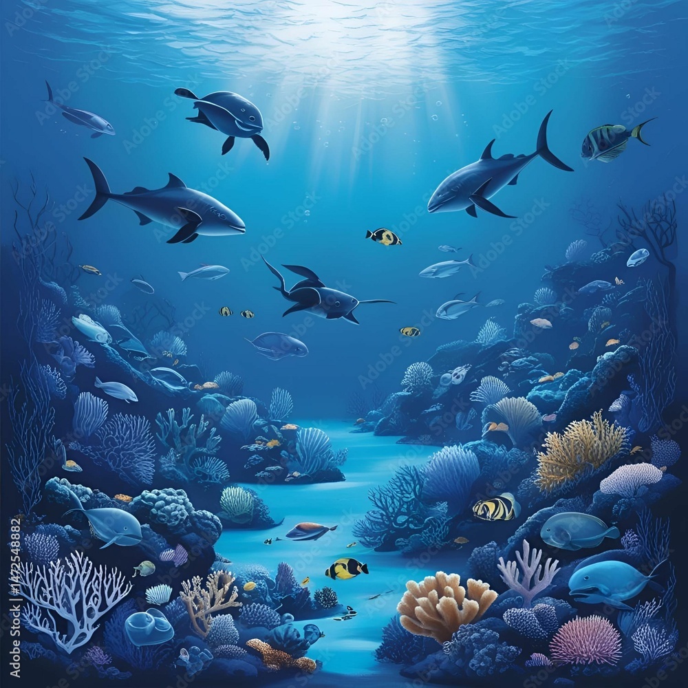 Obraz premium Ocean Depths Vibrant Coral Reef and Marine Life Illustration
