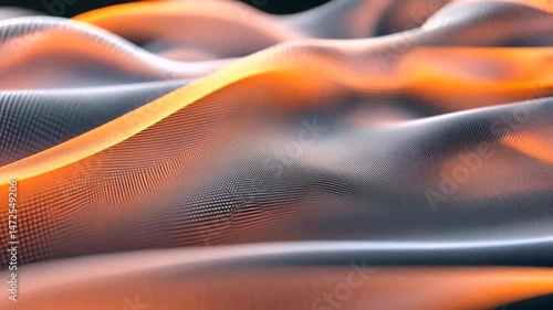 Dynamic, undulating mesh waves in glowing orange and dark grey, forming a textured, flowing, abstract digital surface