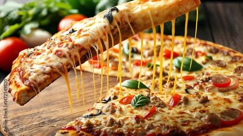 Delicious pizza slice with mozzarella cheese and basil