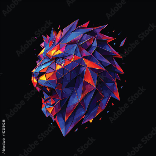 Modern Abstract Geometric Lion Head Made of Shattered Glass