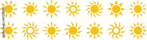 Yellow sun icon set, sunshine and solar glow, sunrise or sunset. Decorative circle full and half sun and sunlight.