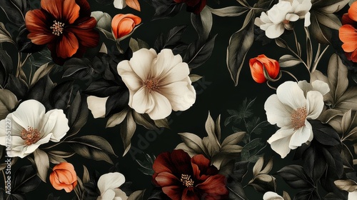 Vibrant Floral Pattern on Dark Background with Detailed Petals