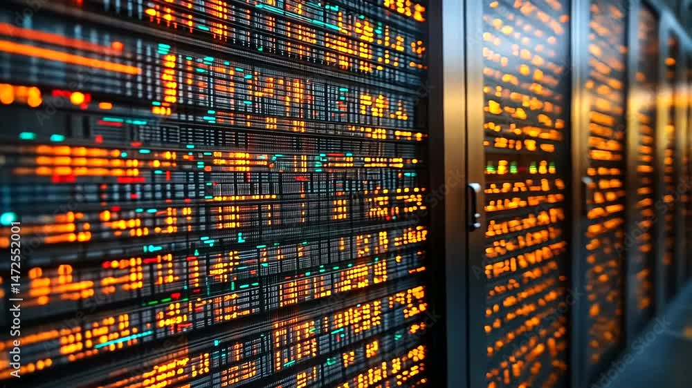 Rows of server racks with blinking orange and blue lights in a data ...