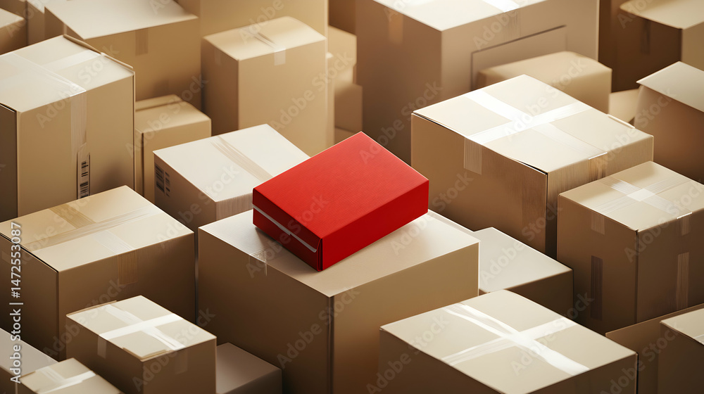 A red box sits atop a collection of brown cardboard boxes. A red box sits atop a collection of brown cardboard boxes.