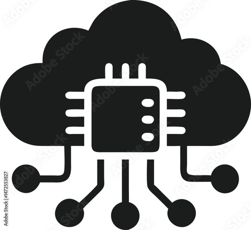 Vector illustration of microchip connected to a cloud icon representing data storage.