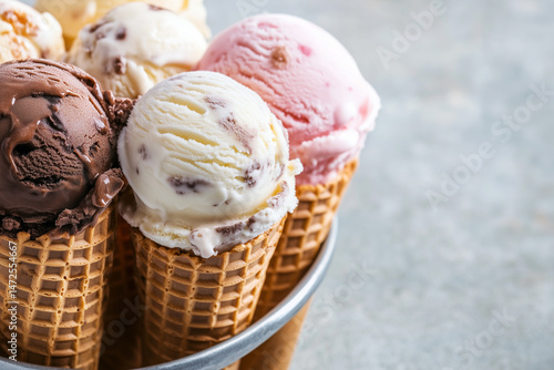A detailed shot of multiple ice cream cones with different pastel-colored scoops, highlighting the textures and flavors of a tempting selection of frozen summer desserts.
