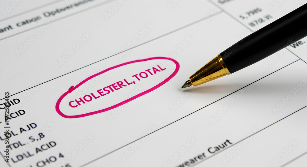 Pink Circle Highlighted Cholesterol Level Medical Paperwork with Golden Pen on White Background Examined During Check Up Pink Circle Highlighted Cholesterol Level Medical Paperwork with Golden Pen on White Background Examined During Check Up