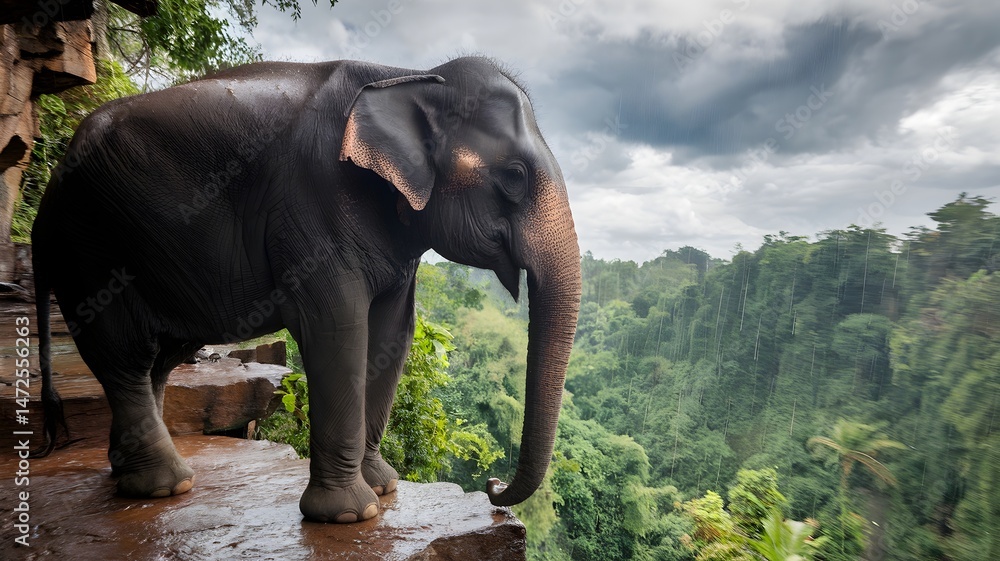 Obraz premium Majestic elephant observing the expansive, lush jungle landscape 