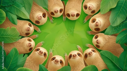 A cheerful group of adorable sloths surrounded by lush green leaves, showcasing their playful and friendly nature.