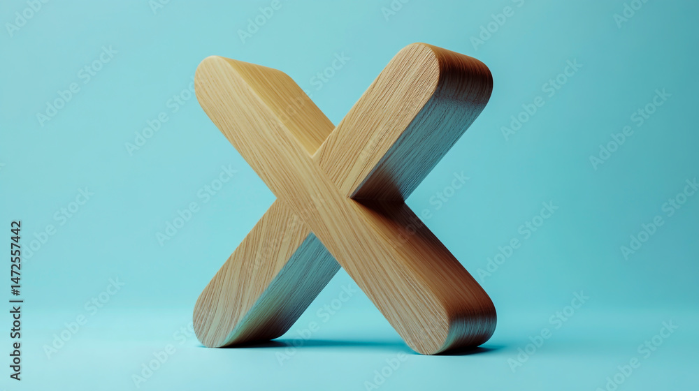 Obraz premium A wooden toy in the shape of an X, on a light blue background, minimalist style, 3D rendering, created in Cinema 4D or Blender.