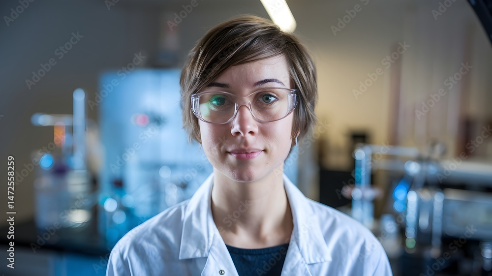 Fototapeta premium A female scientist in a laboratory, wearing safety glasses and a lab coat, looking confidently at the camera. The background shows scientific equipment, suggesting research and study.