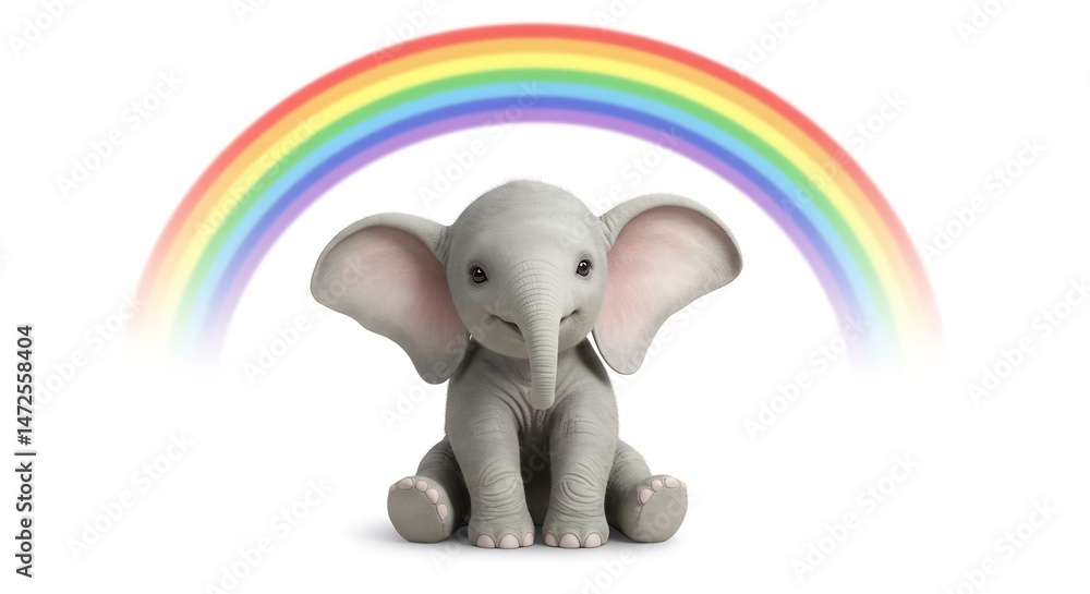 Fototapeta premium Cute baby elephant sits serenely beneath vibrant rainbow arc; playful digital art. AI Generated