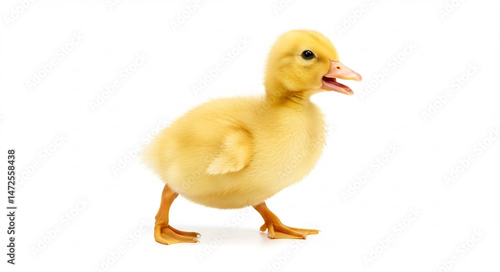 Fluffy yellow duckling walks confidently against bright white background. AI Generated Fluffy yellow duckling walks confidently against bright white background. AI Generated