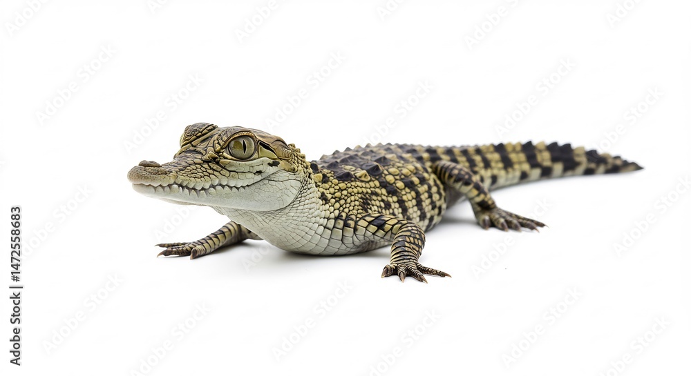Naklejka premium Cute baby crocodile crawls brightly lit white background. AI Generated