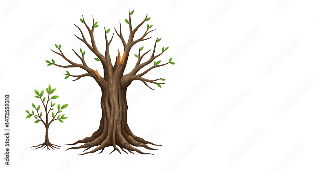 Fototapeta premium illustration of an elderly tree beside a young sapling, symbolizing Elder Abuse Awareness, clean and thoughtful design on white background.