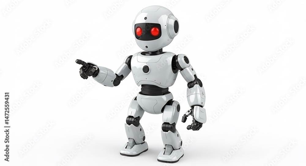 Friendly robot points confidently against bright white background. AI Generated Friendly robot points confidently against bright white background. AI Generated