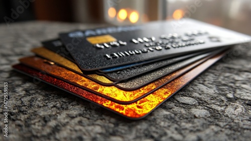 A collection of credit cards stacked on a textured granite surface