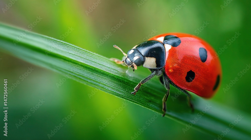 Obraz premium Vibrant Ladybug Crawling on a Green Grass Blade in Nature