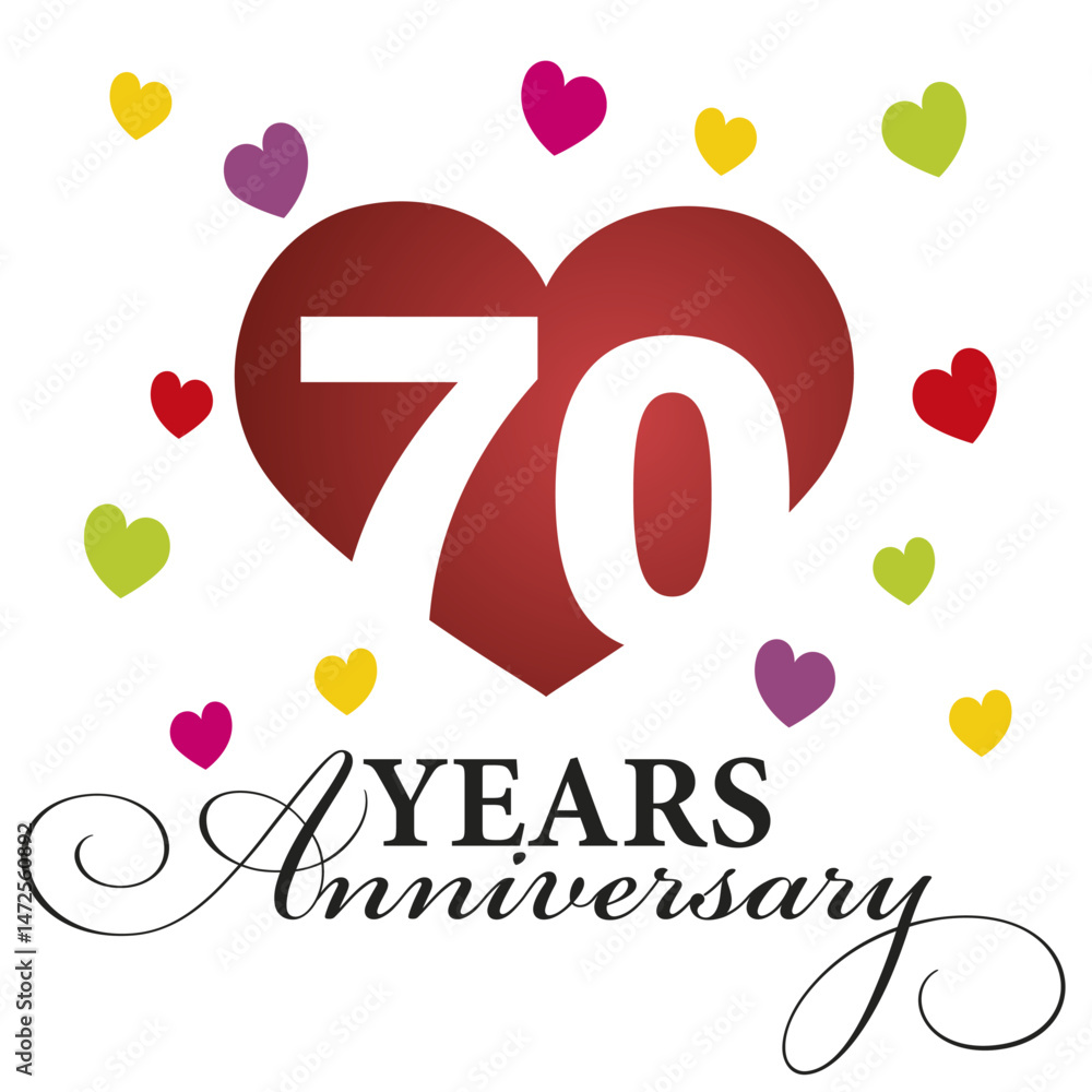 Naklejka premium Anniversary emblem design. Modern negative space set of numbers. 70 years with colorful multicolored hearts on white background vector illustration