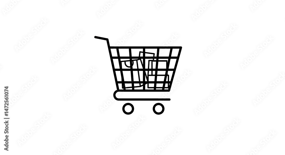 Shopping Cart Icon Full of Items Line Art Style on White Background Shopping Cart Icon Full of Items Line Art Style on White Background