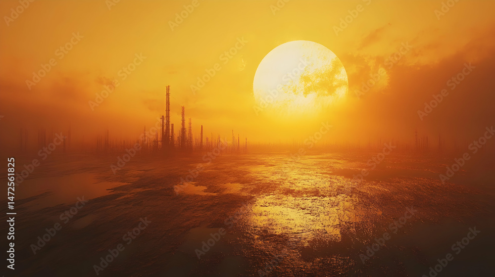 Obraz premium Sunset over water with a distant city silhouette and a hazy atmosphere.