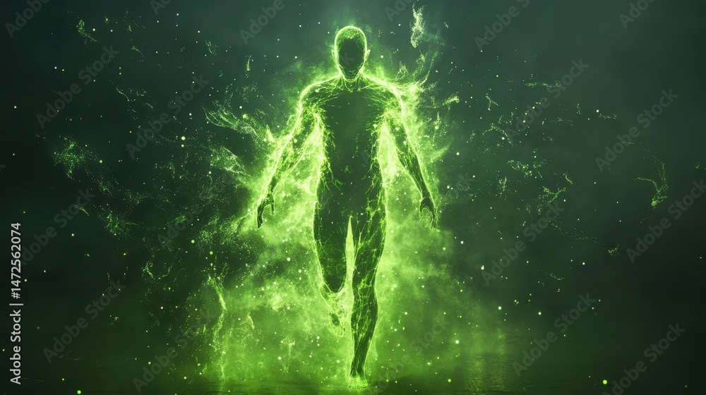 Fototapeta premium Glowing green human body energy, particles, concept.