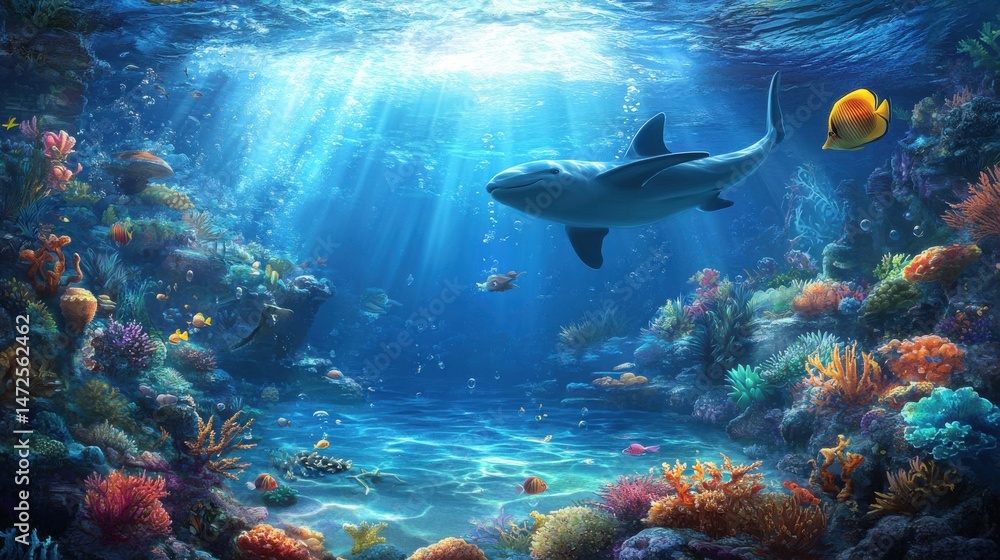 Fototapeta premium Underwater Scene with Coral Reef, Shark, and Colorful Marine Life